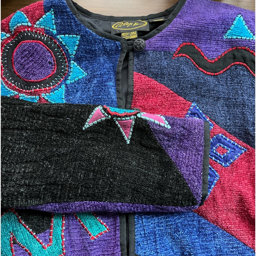 90s Alex Kim Rayon Knit Chenille Jacket Colorful Boho Art To Wear